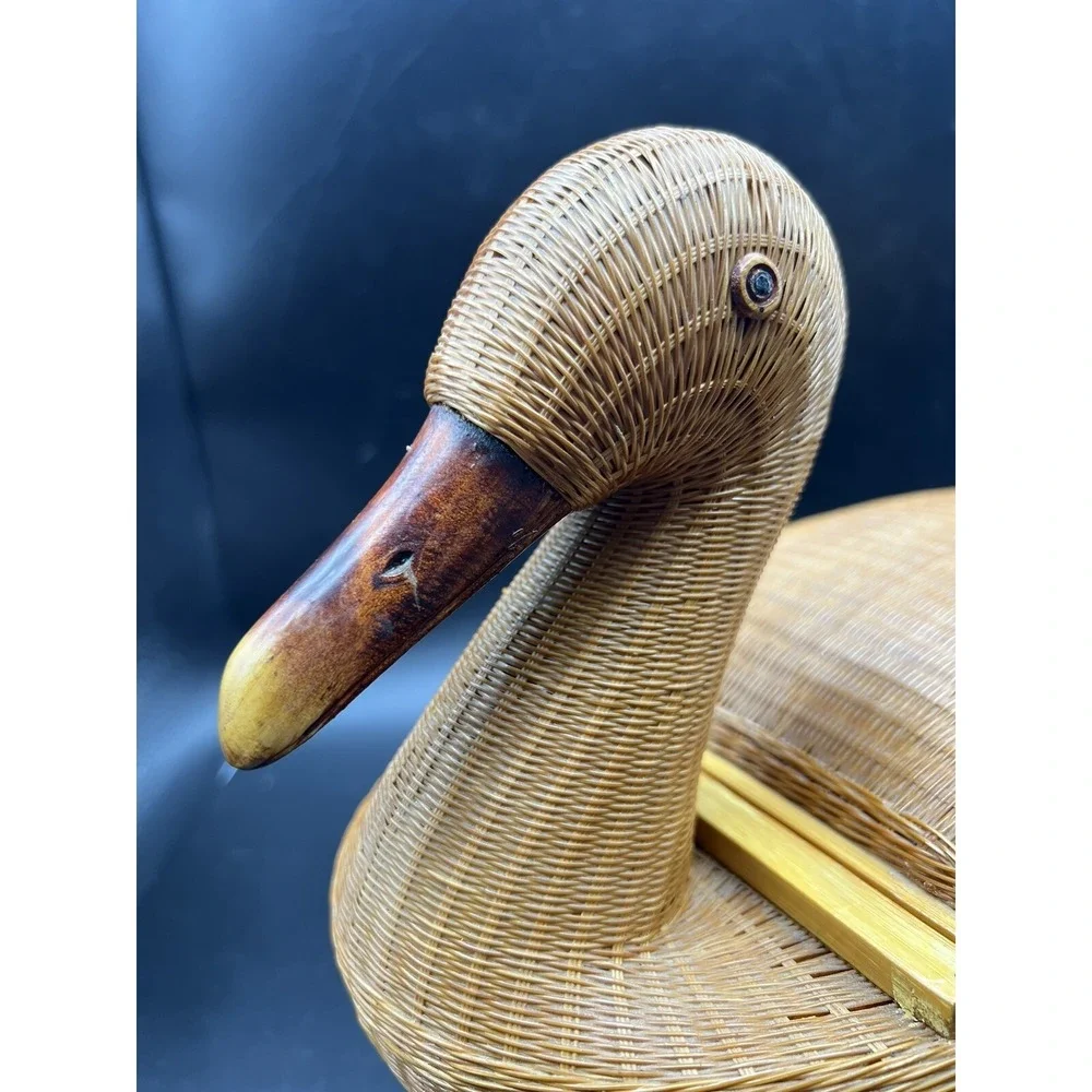 Vtg Woven Rattan Duck Basket w Lid Chinese Shanghai Rare ZheJiang Handicrafts